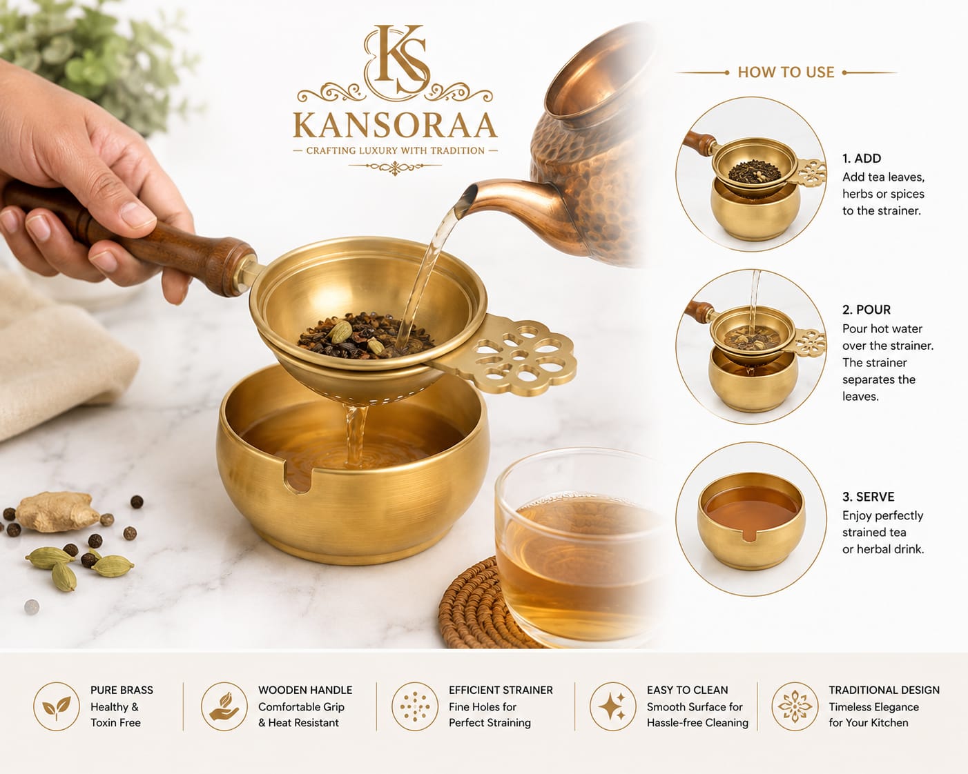 Kansoraa Premium Brass Strainer Set